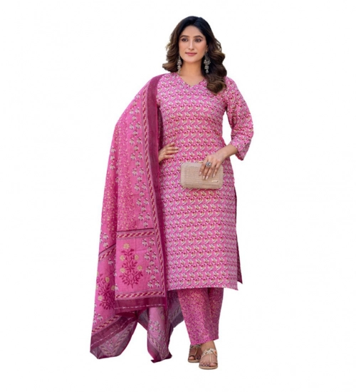Generic Women's Cotton Blend Printed Kurti With Pant Dupatta Set (Pink)