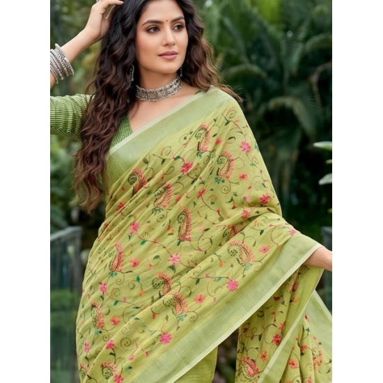 Generic Women's Linen Floral Embroidered Saree With Unstitched Blouse 5.5Mtr (Light Green) Generic Women's Linen Floral Embroidered Saree With Unstitched Blouse 5.5Mtr (Light Green)