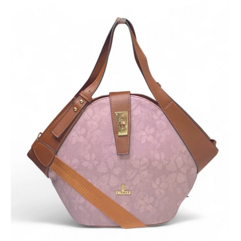 Generic Women's Polyurethane Floral Printed Hexagonal Satchel Handbag with Adjustable Strap (Pink)