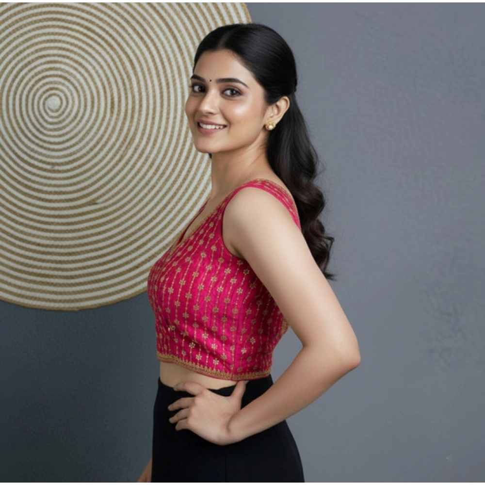 Women's Silk Blend Embroidered V-Neck Non Padded Blouse (Pink 38 Ready (Alterable up to 42)