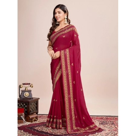 Generic Women's Vichitra Silk Embroidery Work Saree With Unstitched Blouse 5.5Mtr (Red)
