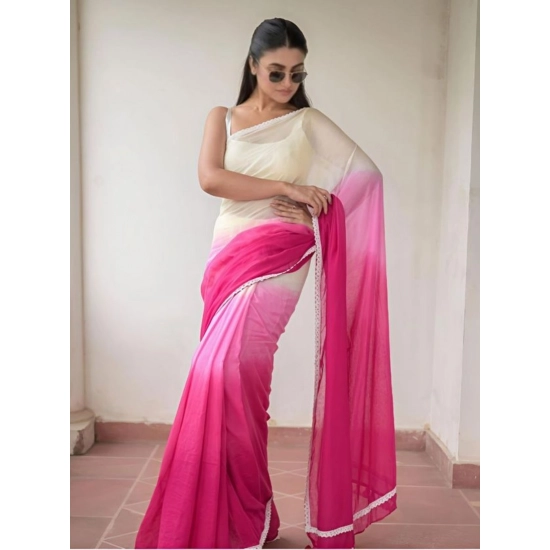 Generic Women's Linen Printed Saree With Unstitched Blouse 5.5Mtr (Pink)