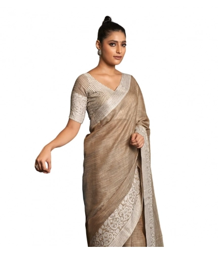 Generic Women's Linen Printed Saree With Unstitched Blouse 5.5Mtr (Beige)
