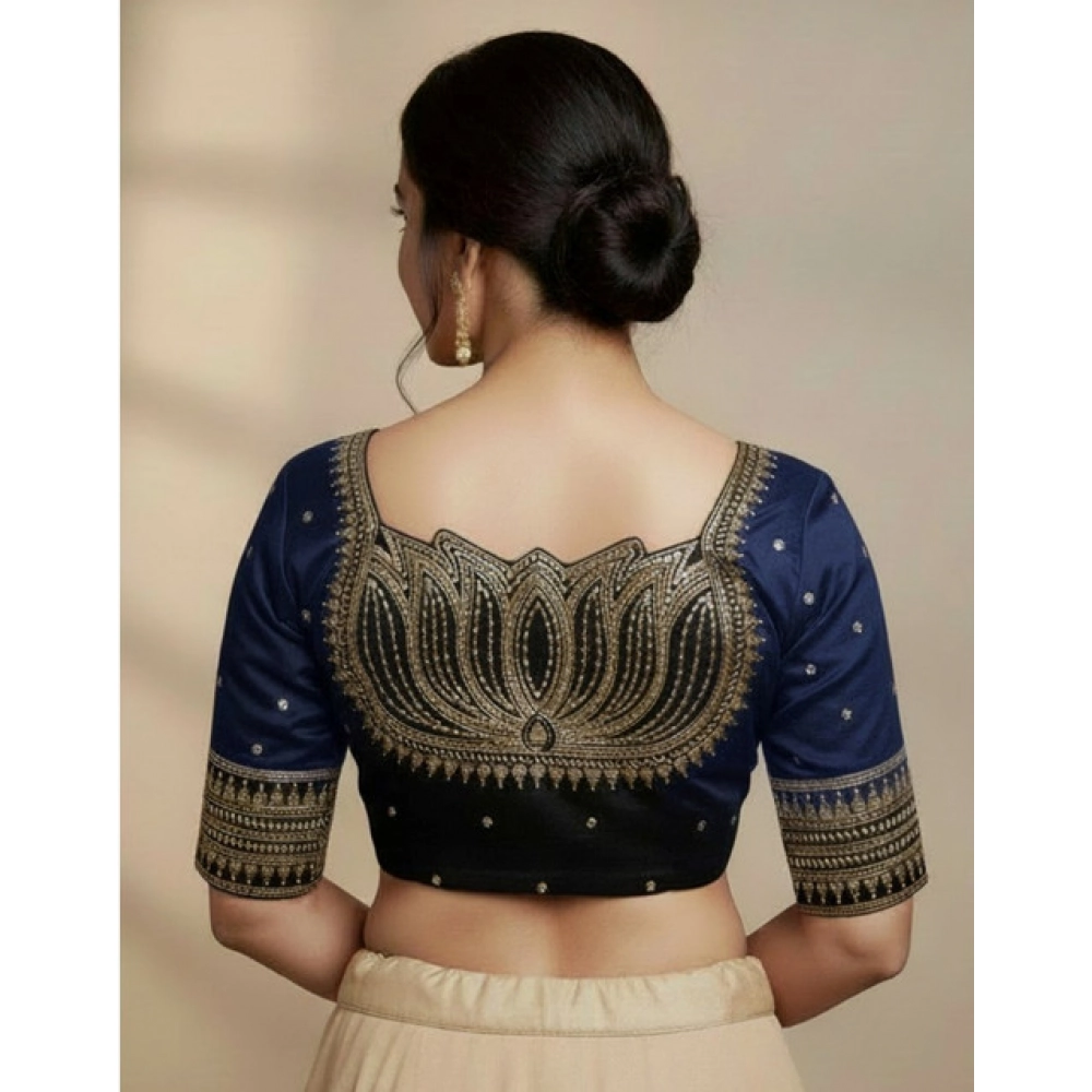 Generic Women's Vichitra Silk V Neck Padded Blouse (Navy, 38 Ready Size (Self-Alterable 36–40)