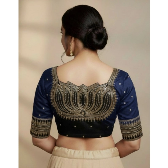 Generic Women's Vichitra Silk V Neck Padded Blouse (Navy, 38 Ready Size (Self-Alterable 36–40)