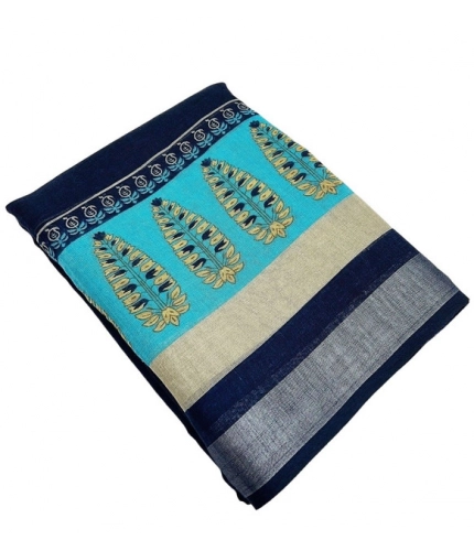 Generic Women's Cotton Linen Printed Saree With Unstitched Blouse 5.5Mtr (Blue)