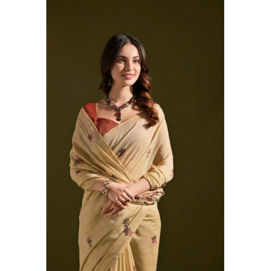 Generic Women's Blended_Cotton Floral Saree With Unstitched Blouse 5.5Mtr (Beige) Generic Women's Blended_Cotton Floral Saree With Unstitched Blouse 5.5Mtr (Beige)