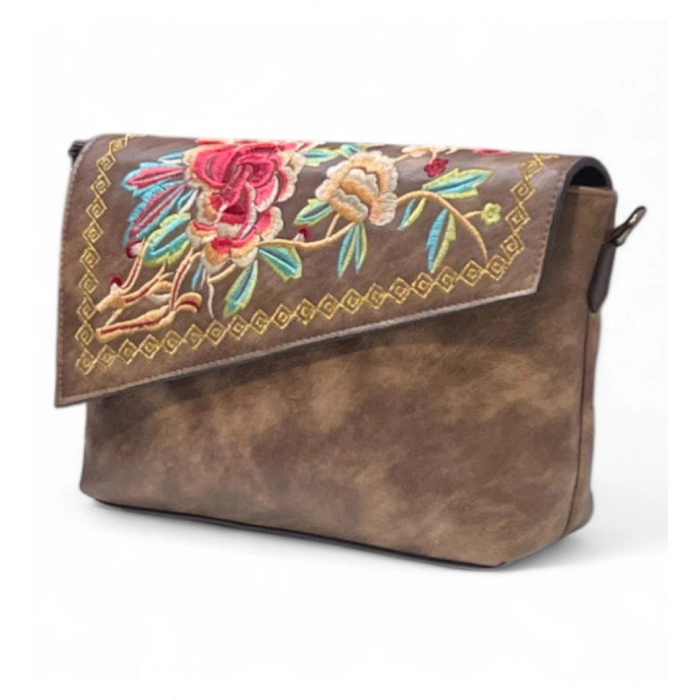 Generic Women's Polyurethane Floral Embroidered Crossbody Sling Bag with Adjustable & Removable Strap (Dark Brown)