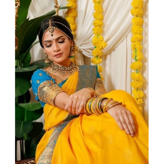 Generic Women's Soft Litchi Silk Jacquard Work Saree With Unstitched Blouse 5.5Mtr (Yellow) Generic Women's Soft Litchi Silk Jacquard Work Saree With Unstitched Blouse 5.5Mtr (Yellow)