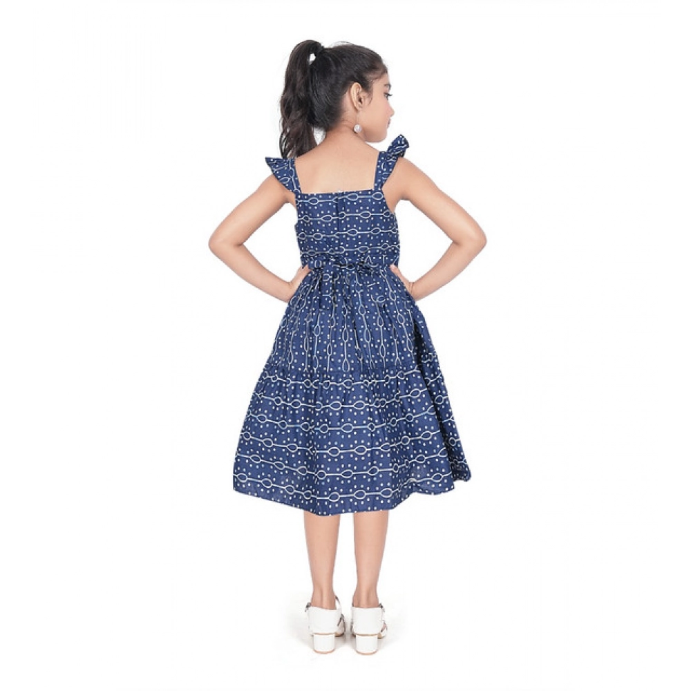 Generic Girl's Cotton Printed Sleeve Less Squre Neck Dress (Navy Blue)