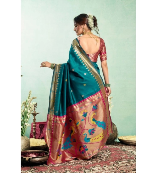 Generic Women's Silk Blend Woven Saree With Unstitched Blouse 5.5 Mtr (Teal)