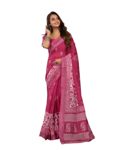 Generic Women's Faux Linen Floral Print Ready to wear Saree With Unstitched Blouse 5.5Mtr (Pink)