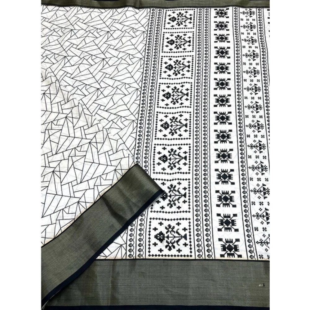 Women's Cotton Silk Printed Saree With Unstitched Blouse 5.5Mtr (White-Black)