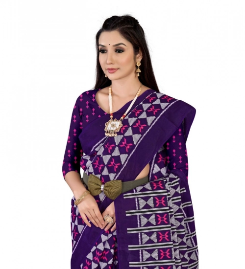 Generic Women's Soft Pure Cotton Printed Saree With Unstitched Blouse 5.5Mtr (Purple)