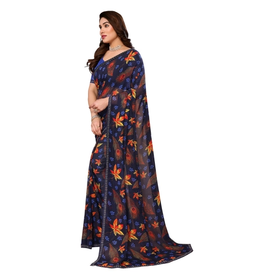 Generic Women's Georgette Printed Saree With Unstitched Blouse 5.5Mtr (Blue)