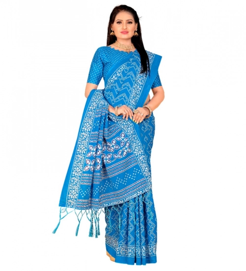 Generic Women's Soft Pure Cotton Printed Saree With Unstitched Blouse 5.5Mtr (Sky Blue)