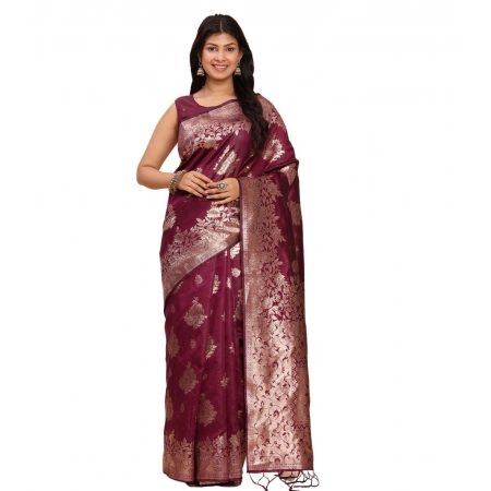 Generic Women's Banarasi Silk Printed Saree With Unstitched Blouse 5.5Mtr (Purple)