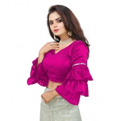 Generic Women's Organza Solid V Neck Layered Ruffle Sleeve Readymade Blouse (Pink Free Size , up to 38–40 Bust)-PID65856