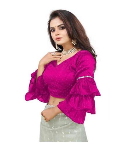 Generic Women's Organza Solid V Neck Layered Ruffle Sleeve Readymade Blouse (Pink Free Size , up to 38–40 Bust)-PID65856