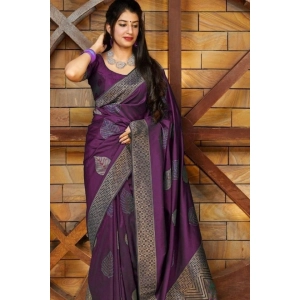 Generic Women's Litchi silk Printed Saree With Unstitched Blouse (Purple)
