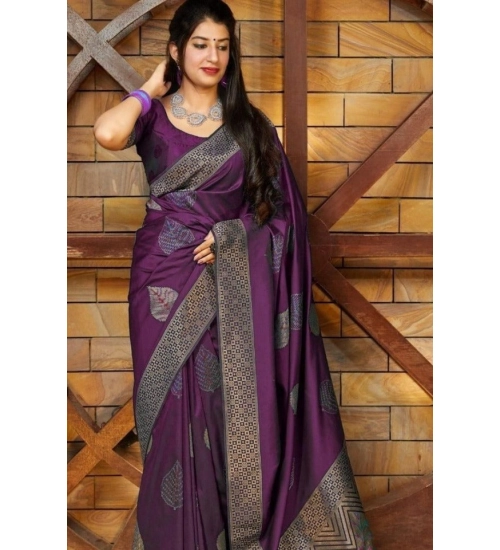 Generic Women's Litchi silk Printed Saree With Unstitched Blouse (Purple)