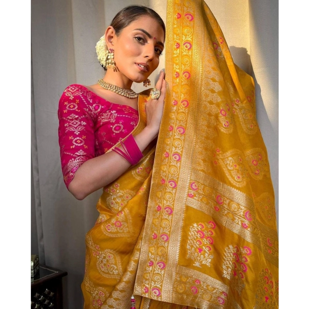Generic Women's Soft Litchi Silk Jacquard Work Saree With Unstitched Blouse 5.5Mtr (Mustard Yellow) Generic Women's Soft Litchi Silk Jacquard Work Saree With Unstitched Blouse 5.5Mtr (Mustard Yellow)