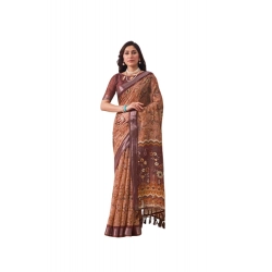 Generic Women's Faux_Linen Printed Saree With Unstitched Blouse 5.5Mtr (Bronze)