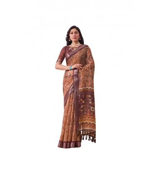 Generic Women's Faux_Linen Printed Saree With Unstitched Blouse 5.5Mtr (Bronze)