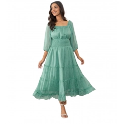 Generic Women's Chiffon Solid Puff Sleeve Dress (Green)