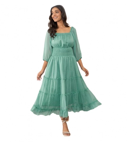 Generic Women's Chiffon Solid Puff Sleeve Dress (Green)