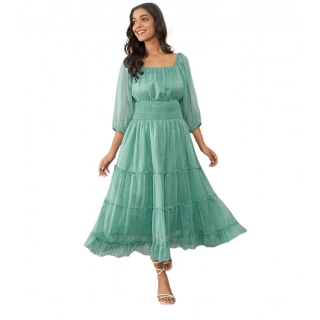 Generic Women's Chiffon Solid Puff Sleeve Dress (Green)