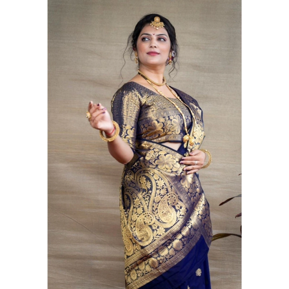 Generic Women's Soft Litchi Silk Jacquard Work Saree With Unstitched Blouse 5.5Mtr (Blue)