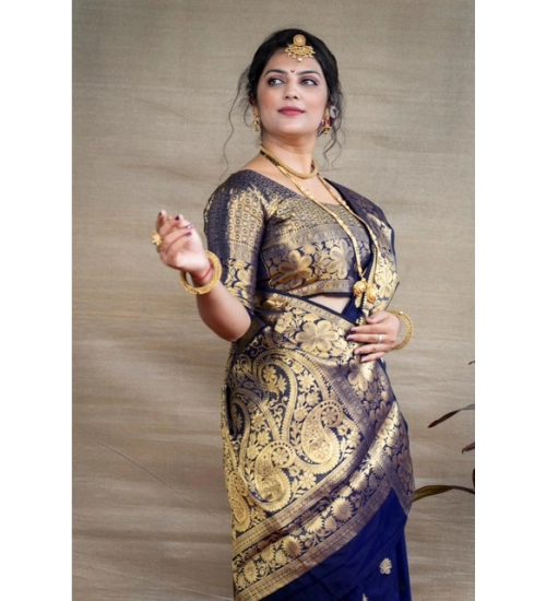 Generic Women's Soft Litchi Silk Jacquard Work Saree With Unstitched Blouse 5.5Mtr (Blue)