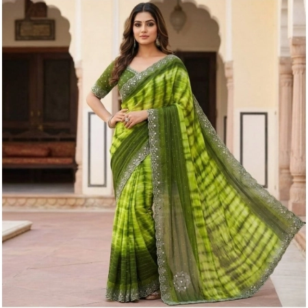 Generic Women's Georgette Striped Saree With Unstitched Blouse 5.5Mtr (Mehendi)