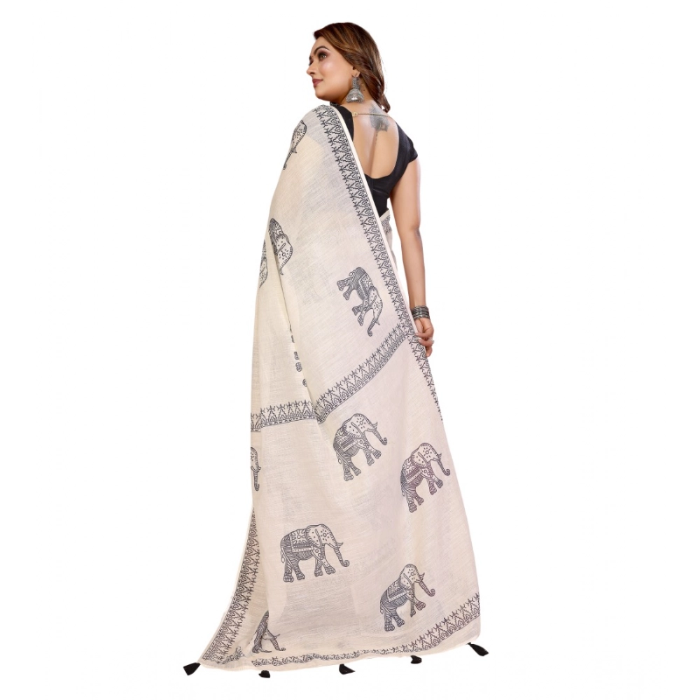 Generic Women's Linen Cotton Printed Saree With Unstitched Blouse 5.5Mtr (Off White)