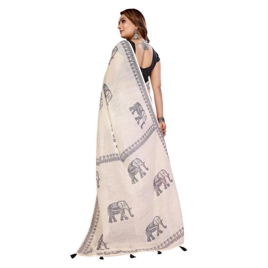 Generic Women's Linen Cotton Printed Saree With Unstitched Blouse 5.5Mtr (Off White)