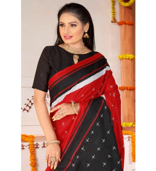 Generic Women's Soft Pure Cotton Printed Saree With Unstitched Blouse 5.5Mtr (Red)