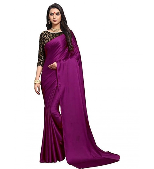 Generic Women's Satin Solid Saree With Unstitched Blouse 5.5Mtr (Wine)