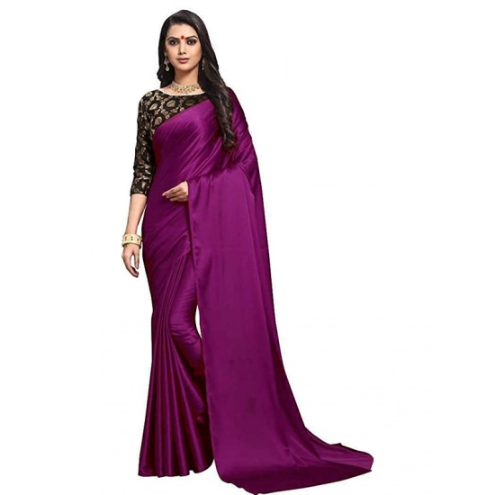 Generic Women's Satin Solid Saree With Unstitched Blouse 5.5Mtr (Wine)