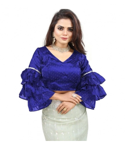 Generic Women's Organza Solid V Neck Layered Ruffle Sleeve Readymade Blouse (Blue Free Size , up to 38–40 Bust)-PID65849