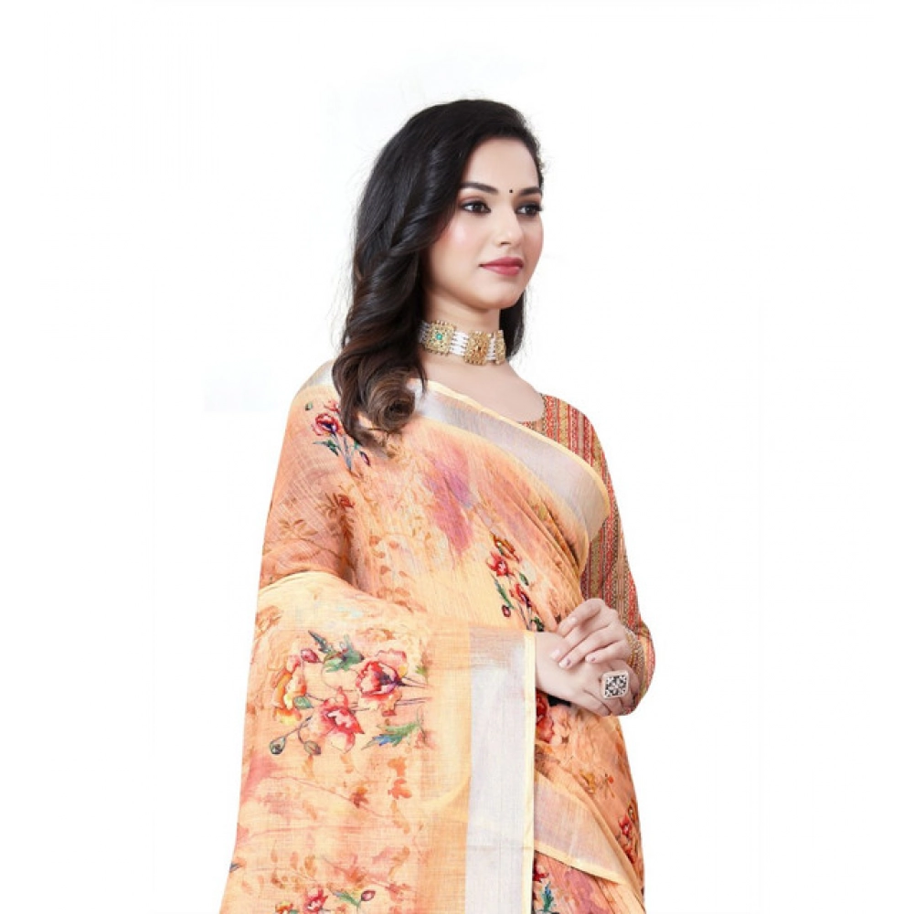 Women's Cotton Silk Floral Printed Saree With Unstitched Blouse 5.5Mtr (Peach)