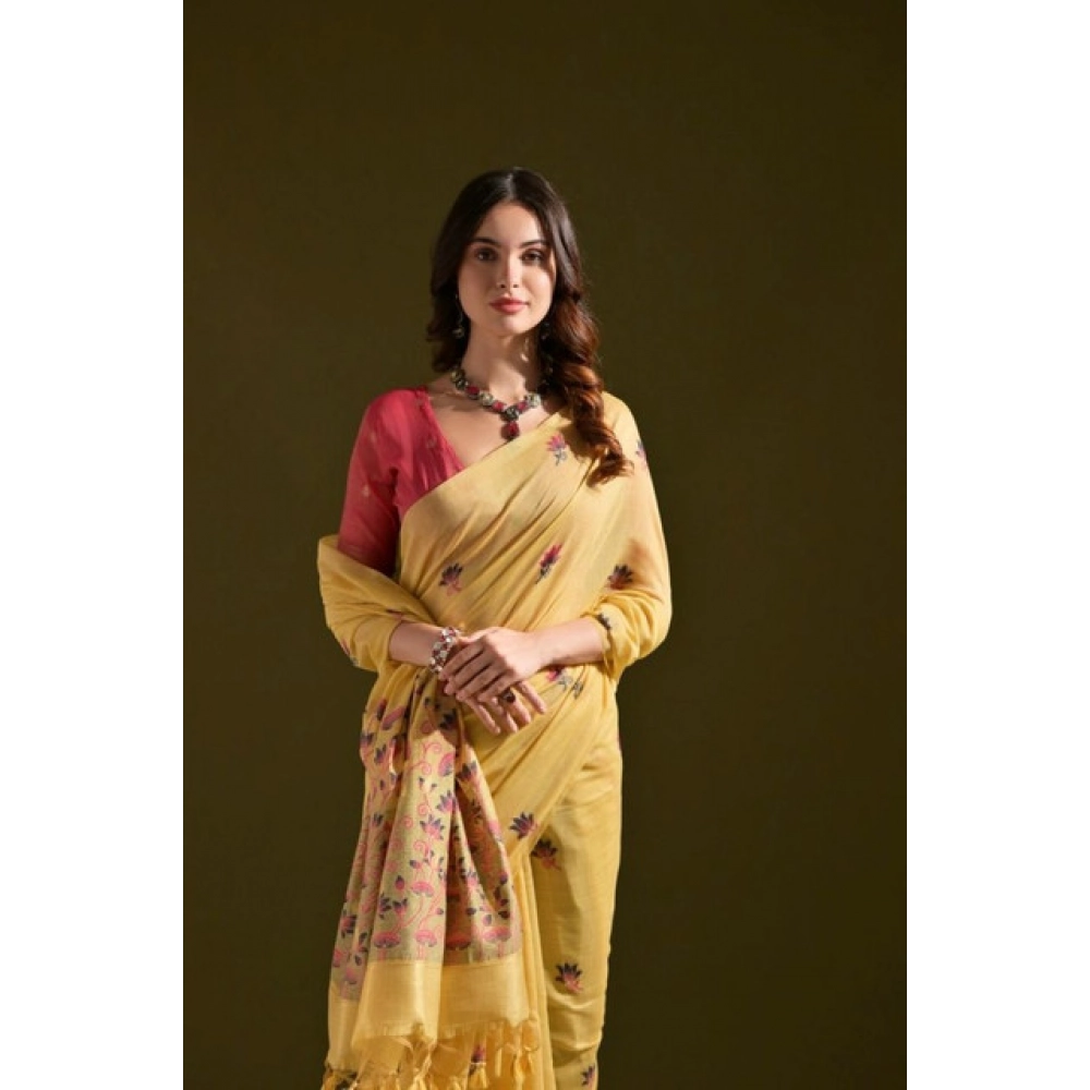 Generic Women's Blended_Cotton Floral Saree With Unstitched Blouse 5.5Mtr (Mustard)