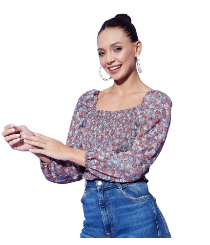 Generic Women's Polyester Floral Long Sleeves Top (Multicolor)