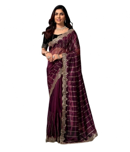 Generic Women's Net Sequence Saree With Unstitched Blouse 5.5Mtr (Maroon)