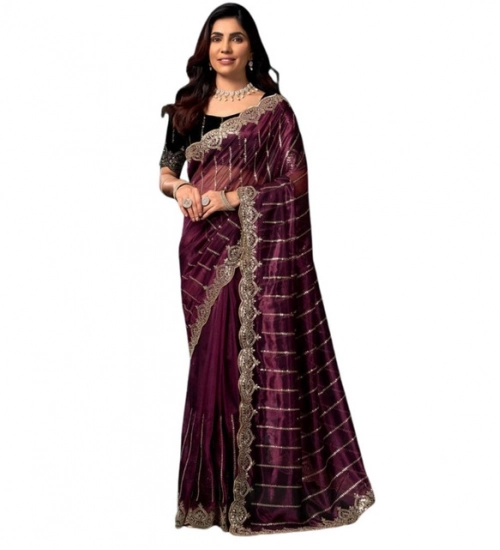 Generic Women's Net Sequence Saree With Unstitched Blouse 5.5Mtr (Maroon)