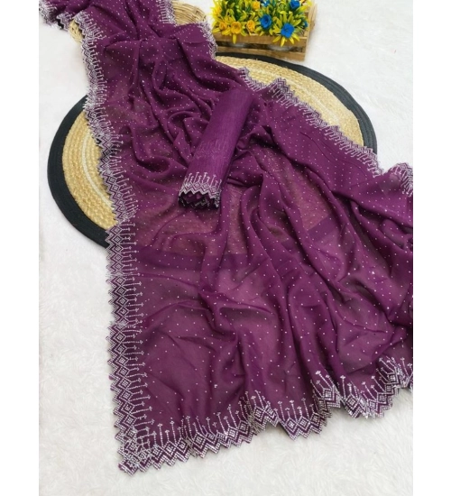 Generic Women's Georgette Stone Work Saree With Unstitched Blouse 5.5Mtr (Purple)