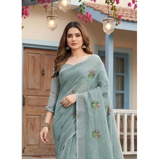 Generic Women's Linen Embroidered Saree With Unstitched Blouse 5.5Mtr (Sea Green) Generic Women's Linen Embroidered Saree With Unstitched Blouse 5.5Mtr (Sea Green)
