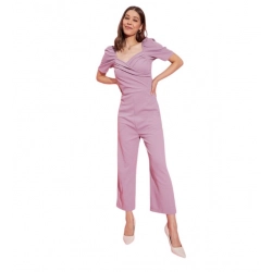 Generic Women's Polyester Lycra Solid Puff Sleeve Jumpsuit (Lavender)