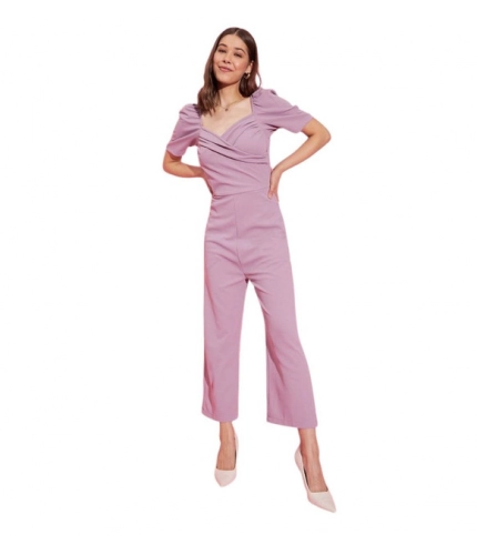 Generic Women's Polyester Lycra Solid Puff Sleeve Jumpsuit (Lavender)