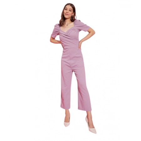 Generic Women's Polyester Lycra Solid Puff Sleeve Jumpsuit (Lavender)